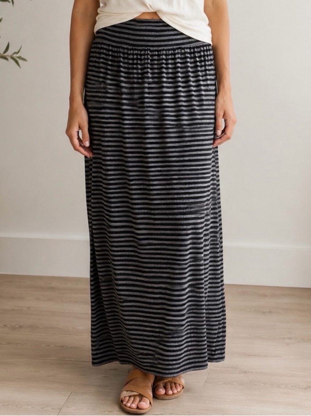 LOFT Black and Gray Striped Maxi Skirt